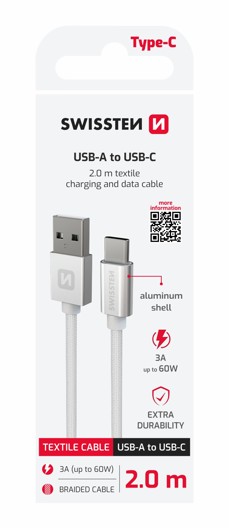 DATOV� KABEL SWISSTEN TEXTILE USB / USB-C 2,0 M ST��BRN�