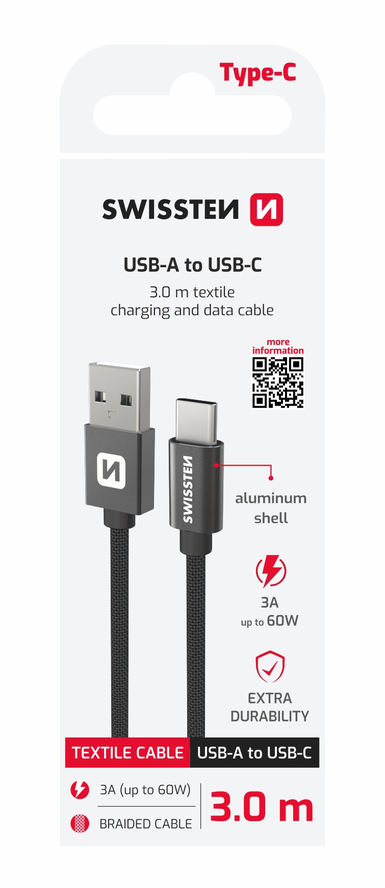 DATOV� KABEL SWISSTEN TEXTILE USB / USB-C 3,0 M �ERN�