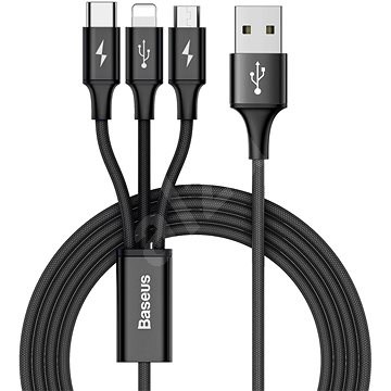 Napjec kabel Baseus Rapid Series 3 in 1 Cable MicroUSB + Lightning + Type-C 3A 1.2M Black